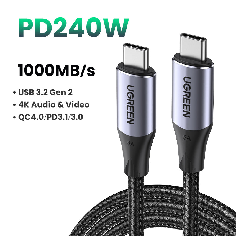 UGREEN 1Meter 240W USB C to USB C Cable USB3.1 Thunderbolt3 10Gbps 4K Fast PD Cable for MacBook Pro Air M3 iPad Pro 2020 Chromebook Samsung Galaxy S20 S10 Pixel 4XL PS5 Nintendo Switch