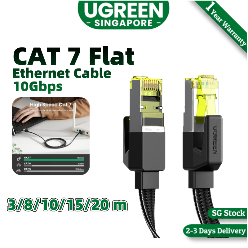 UGREEN Cat 7 10Gbps Flat Braided Ethernet Cable Durable High Speed Patch Cord 600MHz POE LAN RJ45 Gigabit Cable