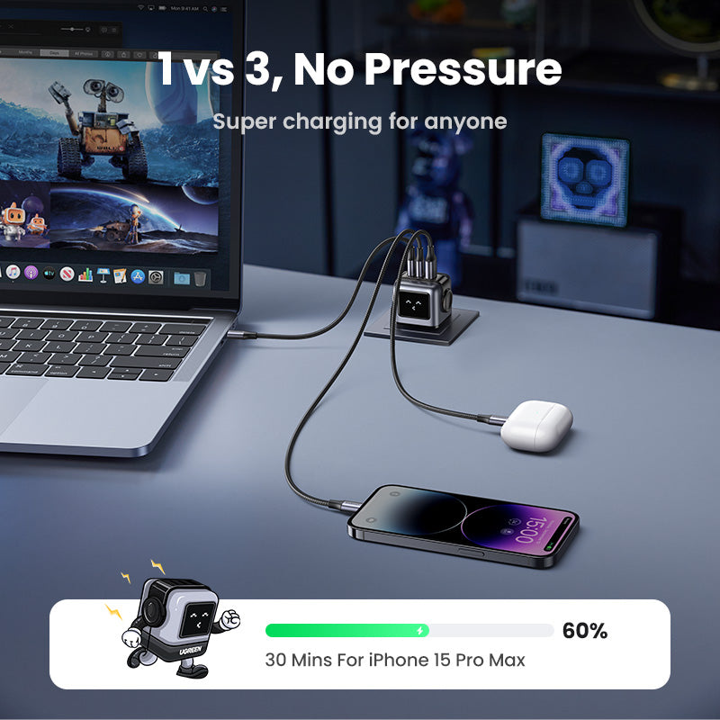 UGREEN Uno Charger 65W RobotGaN Charger 2 USB C 1 USB A Wall Charger GaN Charger for MacBook Pro/Air, Dell XPS, iPad Mini/Pro iPhone 16 15 Pro Max iPhone 16 15 Plus Samng Galaxy S24 Ultra Z Fold5 M14 Z Flip5 A35 A55, Pixel, and More
