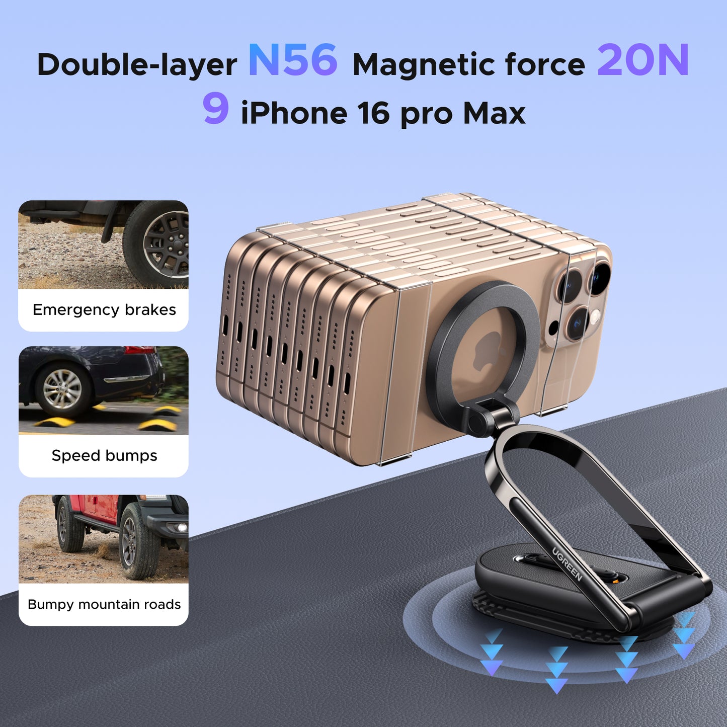 UGREEN MagSafe Car Mount Foldable Dashboard Holder for iPhone 16 15 14 Pro Max Samsung S24 S25 Ultra 360° Rotation Strong Magnetic Phone Holder