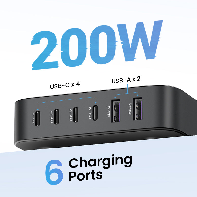 UGREEN  200W GaN 6-Port Fast Charger 4C2A 4Type-C 2USB-A Charger for Laptop Power Adapter