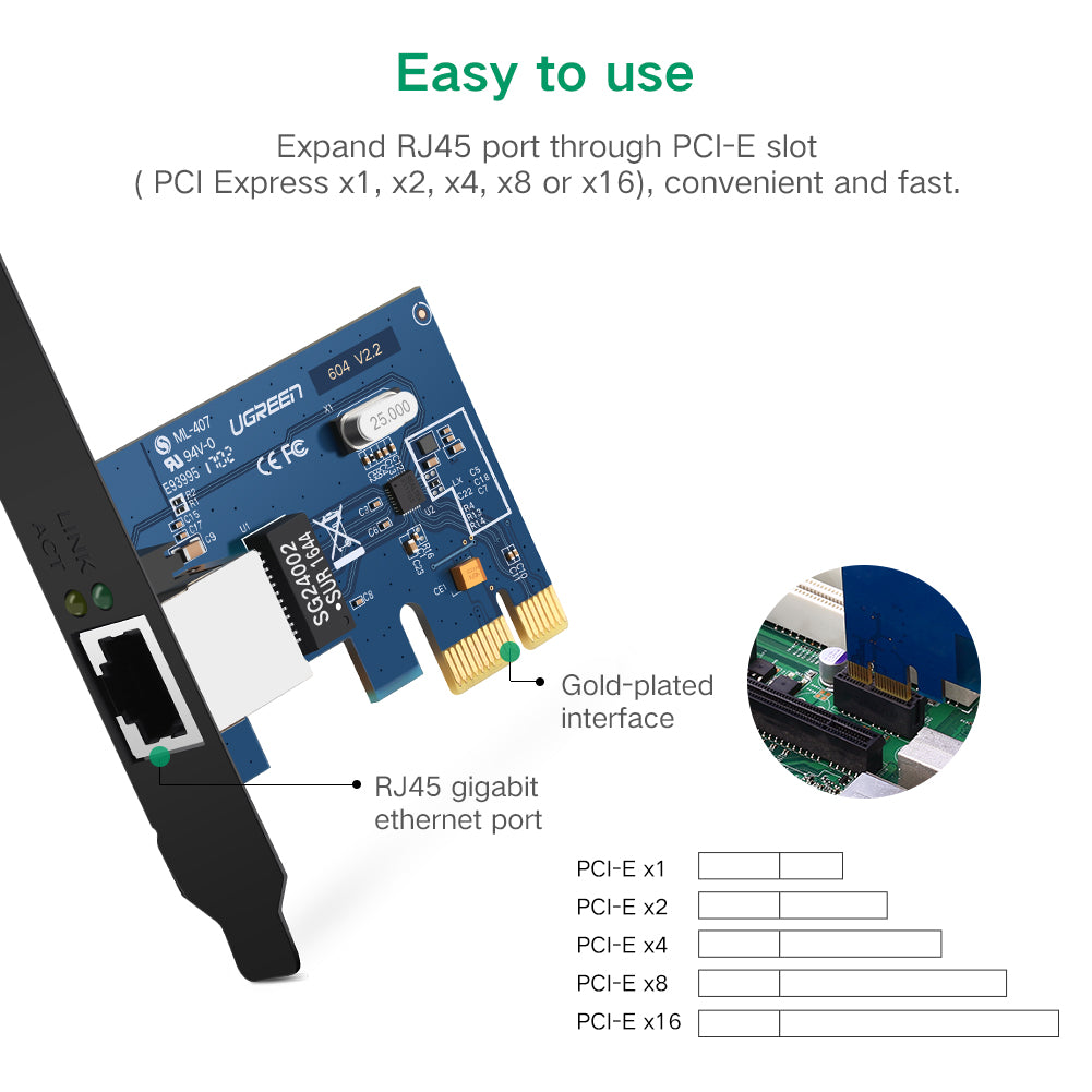 UGREEN 30771 Gigabit Ethernet Pci Express Pcie Network Controller Card 10/100/1000Mbps rj45 Lan Adapter Converter For Desktop Pc