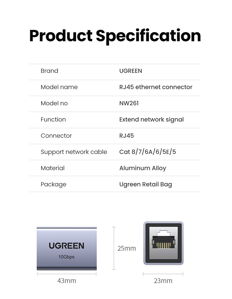 UGREEN Network Connector RJ45 10Gbps Extend Network Signal For Eterna Cable Cat8 7 6A 6 5E