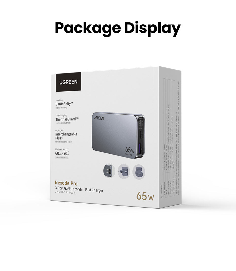 UGREEN 25356 Nexode Pro 65W 3-port Ultra-thin Fast Travel Charger Adapter GaN Charger for MacBook iPad iPhone 16 15 14 Pro Max Samsung S24 S23 Ultre Steam Deck