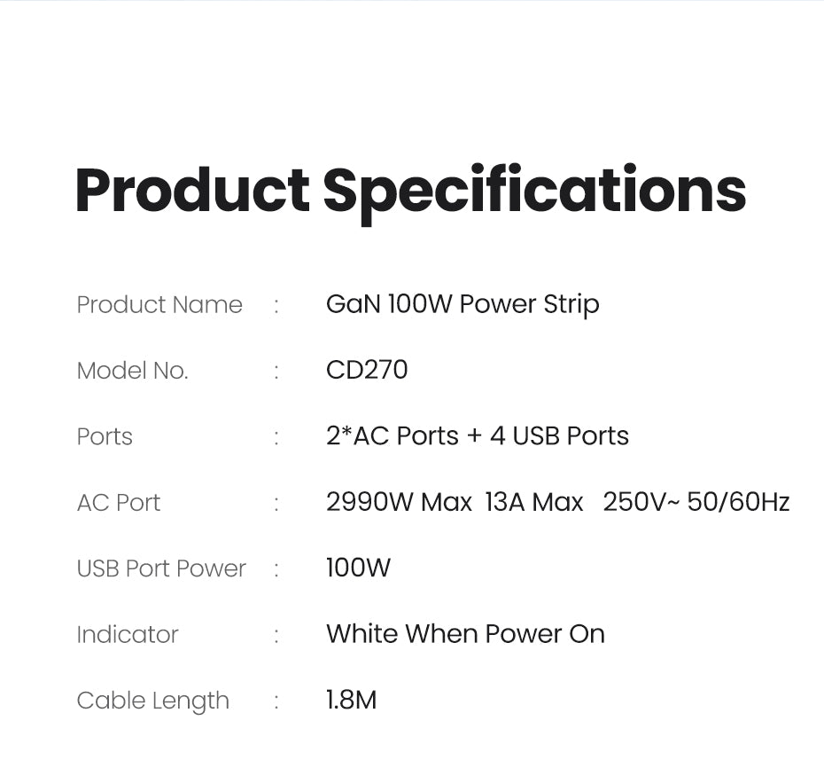 UGREEN 60168 100W GaN Power Socket, 1.8M Cable DigiNest Pro USB C Charging Station, 6-in-1 Power Strip with 2 AC Outlets, 4 USB Ports, Extension Cord Outlet Extender