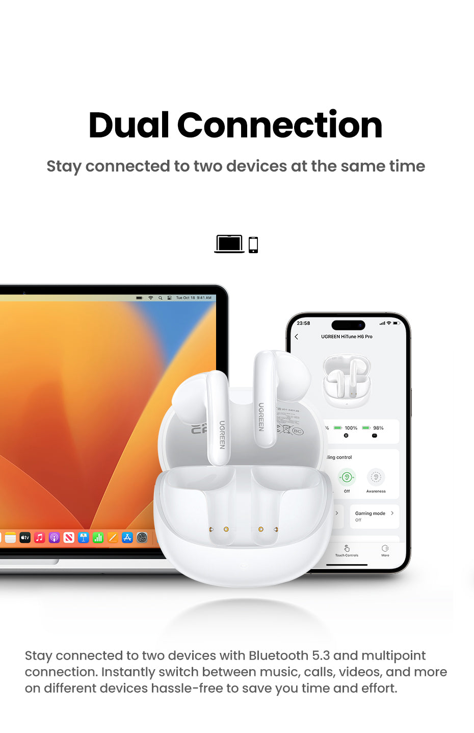 UGREEN HiTune H6 Pro TWS Earphones Wireless Headphones Bluetooth 5.3 Earbuds Double Mic Call Noise Reduction In-Ear Handfree Earbuds