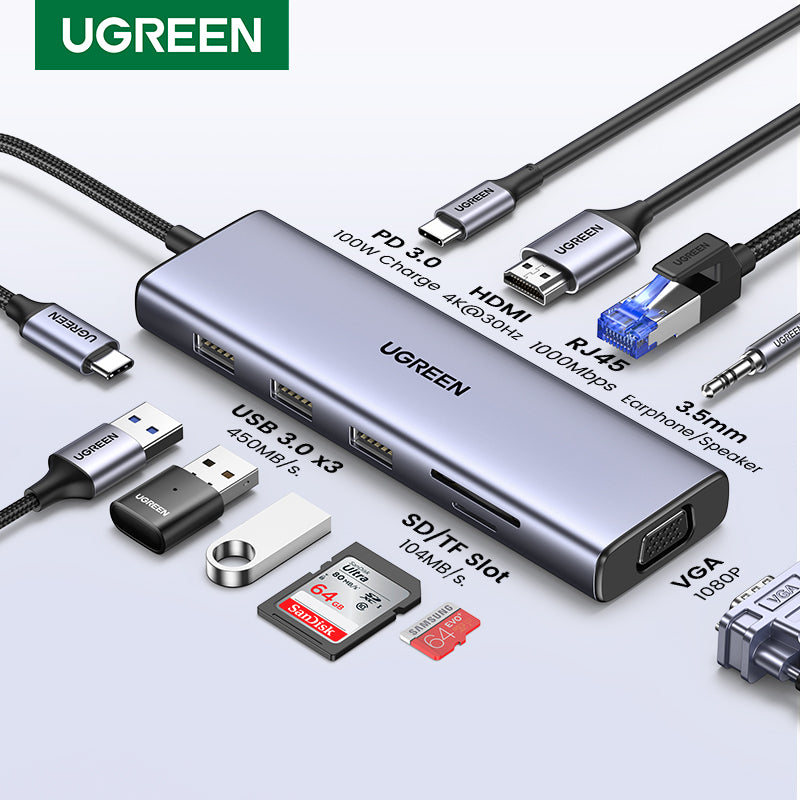 UGREEN 10 in 1 USB C HUB Dongle Ethernet Docking Station with 4K HDMI VGA 100W Power Delivery 3 USB 3.0 Ports SD TF Card Reader for MacBook Pro