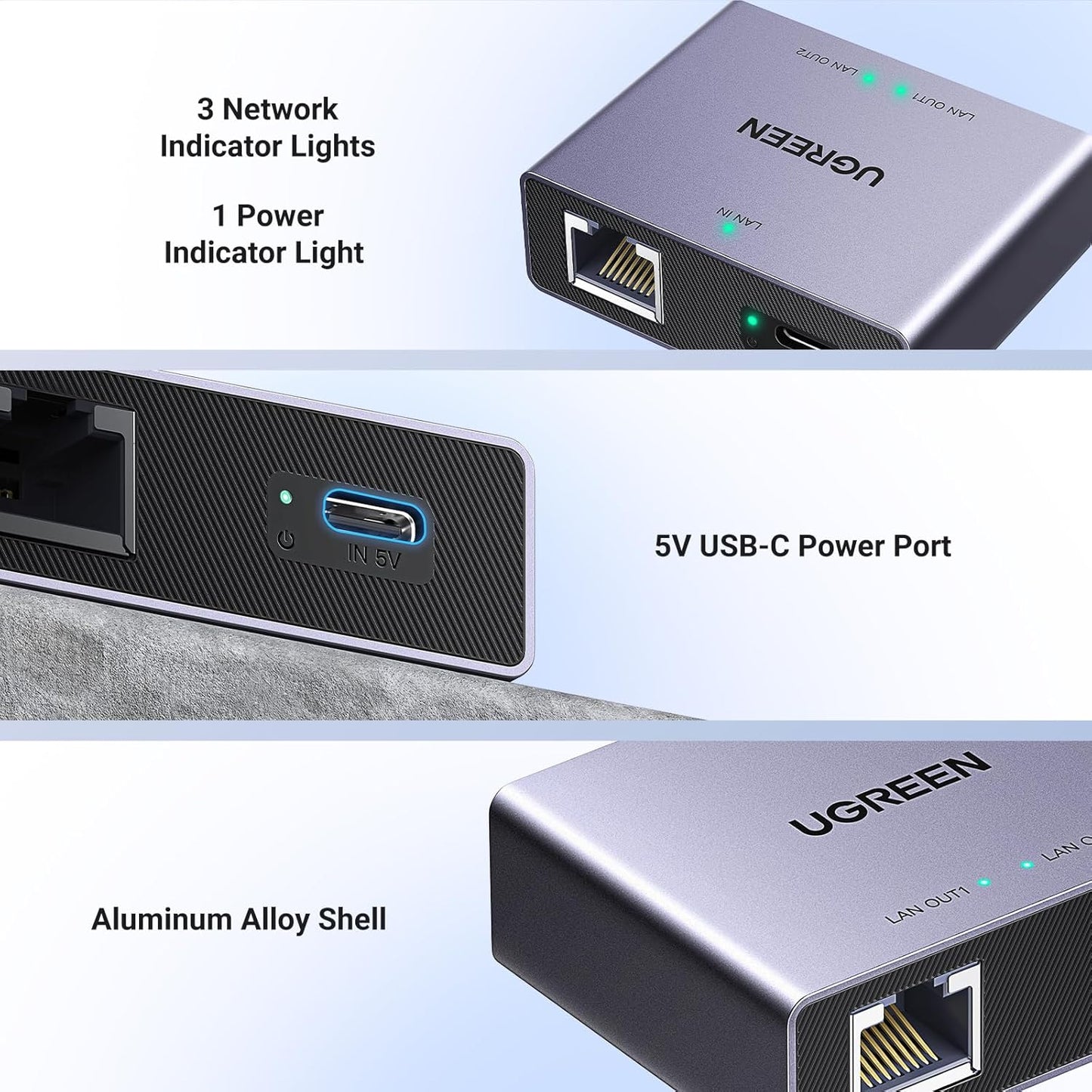UGREEN 1000Mbps Gigabit Ethernet Splitter 1 to 2 Ports with USB Power Cable, High-Speed Internet Splitter for PC/Laptop/PS5/Xbox/Tv, 3FT Connector, Plug and Play
