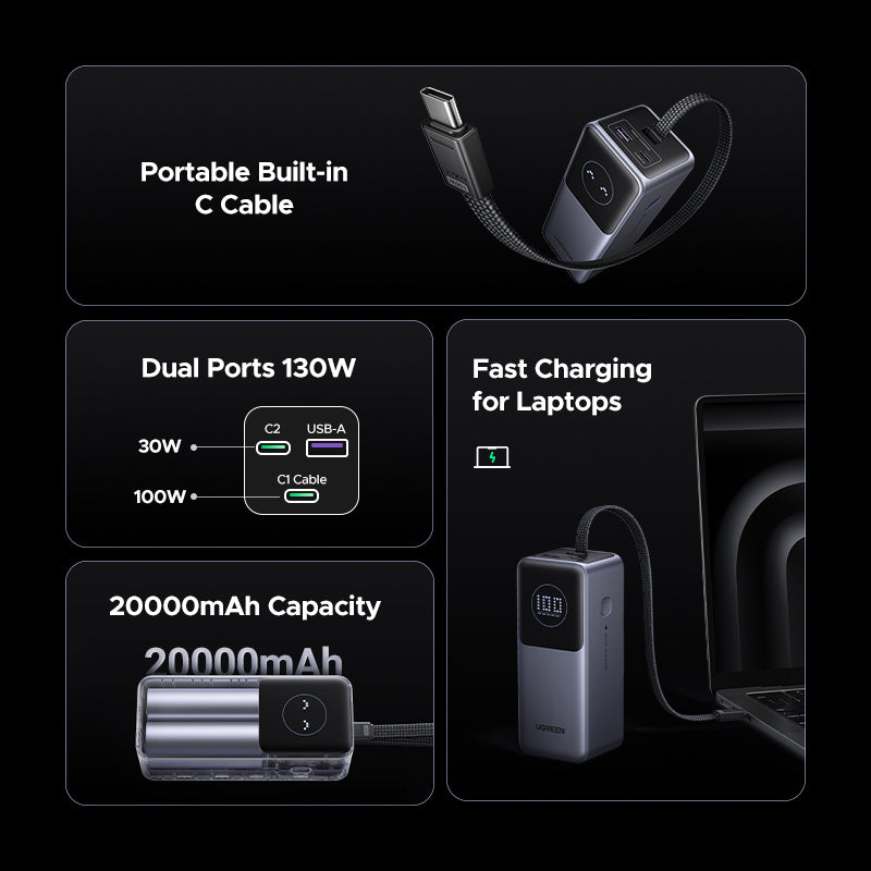 UGREEN 20000 mAh Laptop Power Bank, PD 130W Fast Charging Portable Charger with TFT Display, 3-Port External Battery Pack for Dell, MacBook Air/Pro, Lenovo, Supports Samsung 45W powerbank
