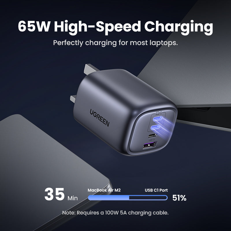 UGREEN 65W USB-C Foldable GaN Charger, 3-Port PD 3.0 Fast Charging Adapter for MacBook Pro, Dell XPS, iPhone 16 Pro Max, iPad Air/Pro, Galaxy S24 Ultra, Steam Deck, Switch, Foldable & Compact Travel Charger with Smart Power Distribution Safety Protection