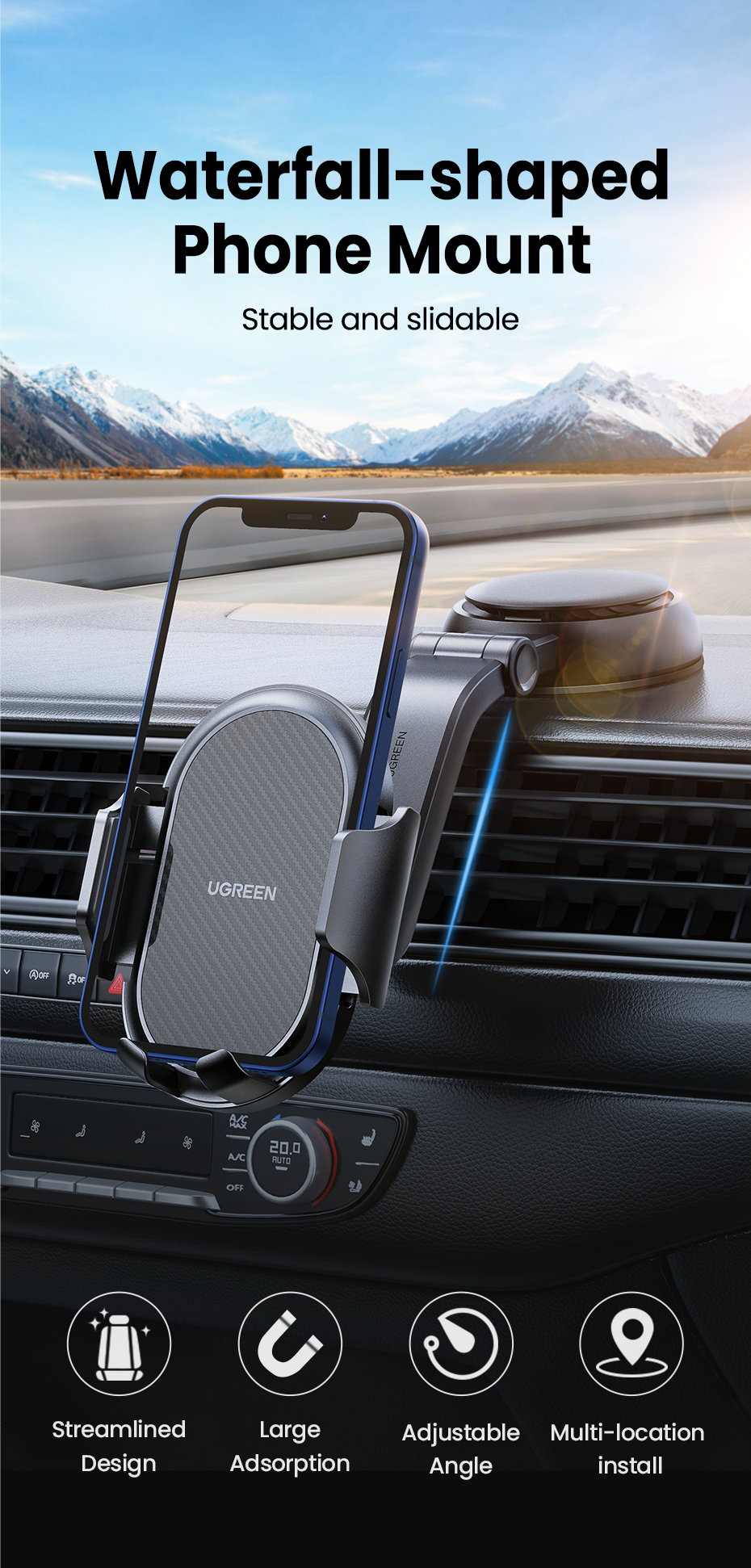 UGREEN Phone Holder for Car Windscreen Mobile Dashboard Mount Gravity Suction Cup Sticky Cradle Long Arm Clamp for iPhone , Samsung Galaxy S22 ,Huawei , Xiaomi, Oneplus