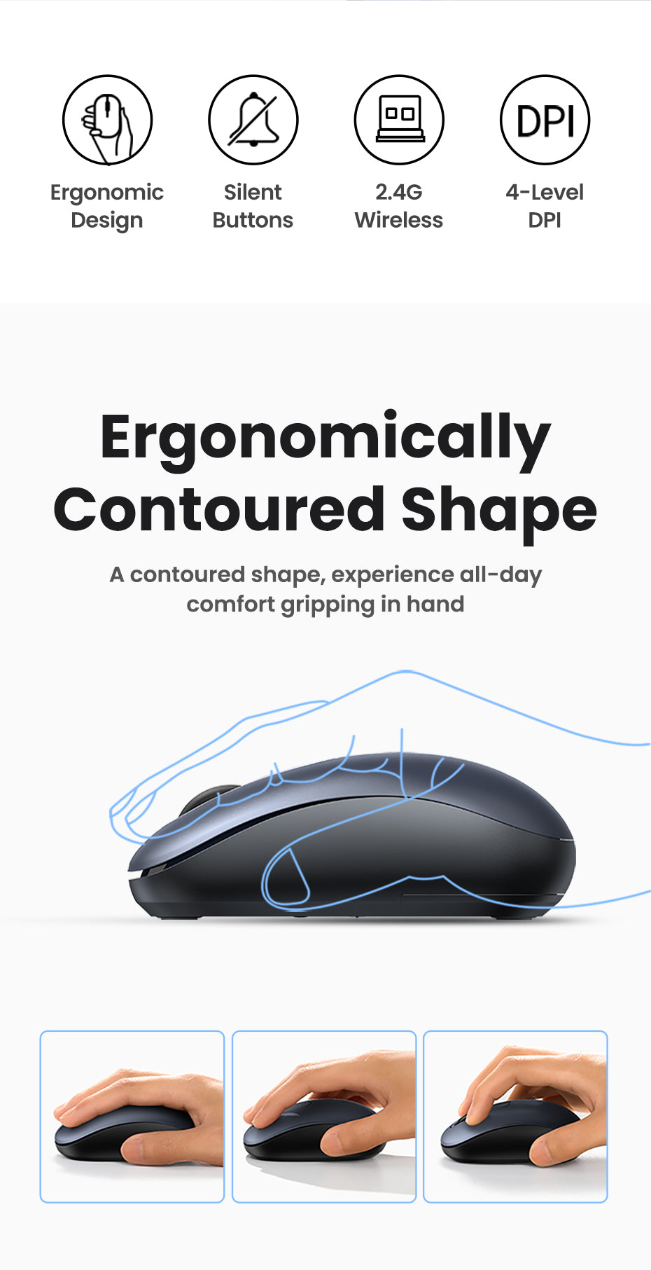 UGREEN 2.4G Wireless Silent Mouse 2400DPI Ergonomic Design Mouse with USB Mini Receiver Ambidextrous PC / Mac / Laptop