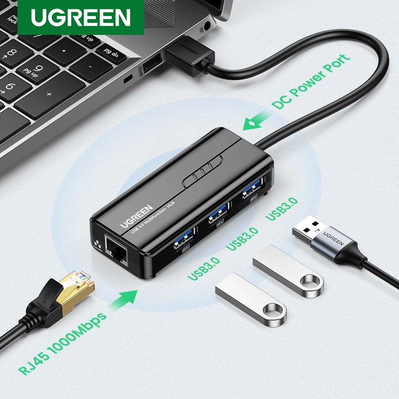 UGREEN 20265 Ethernet Adapter USB Gigabit 1000mbps Network Adapter with USB 3.0 Hub 3 Ports