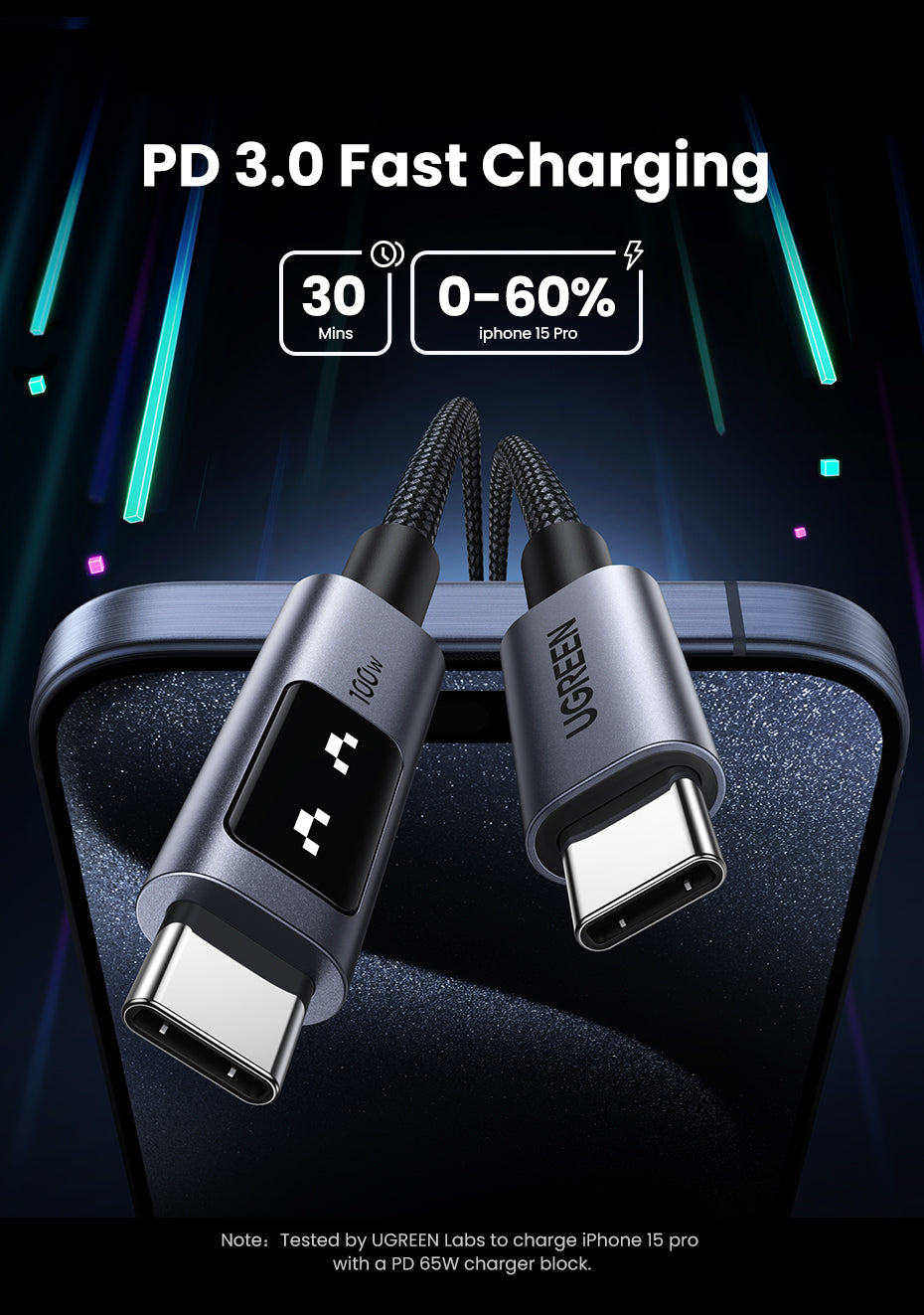 UGREEN Uno 100W USB C to USB C Cable, Fast Charging Type C Cord with LED Display, USB2.0 480Mbps Data Transfer for iPhone 16 Pro Max, MacBook Pro, iPad Pro, Galaxy S24, Pixel, Chromebook, Dell