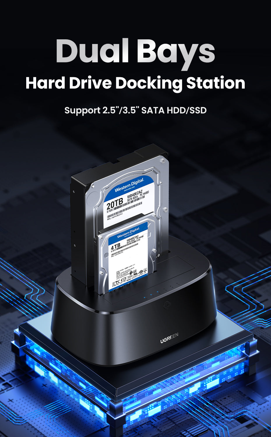 UGREEN Hard Drive Docking Station USB 3.0 to SATA Adapter External UASP Enclosure Hard Disk Caddy Reader 2-Bay Cloning Kit For 2.5/3.5 SATA HDD SSD,Windows,Mac OS,Linux,PS4,Xbox One
