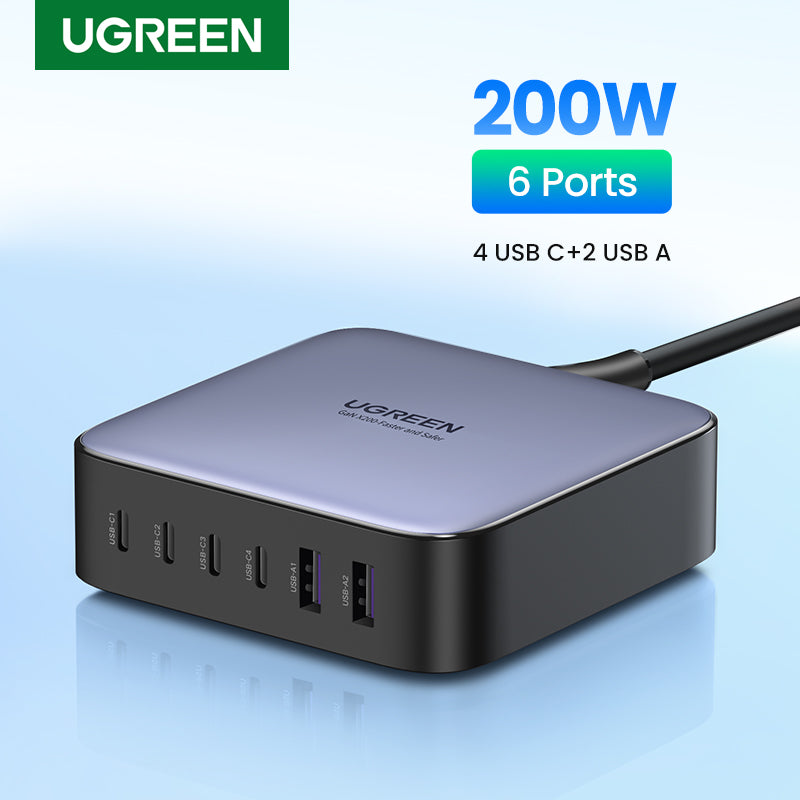UGREEN  200W GaN 6-Port Fast Charger 4C2A 4Type-C 2USB-A Charger for Laptop Power Adapter