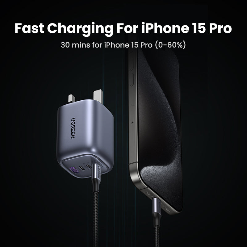 UGREEN 65W USB-C Foldable GaN Charger, 3-Port PD 3.0 Fast Charging Adapter for MacBook Pro, Dell XPS, iPhone 16 Pro Max, iPad Air/Pro, Galaxy S24 Ultra, Steam Deck, Switch, Foldable & Compact Travel Charger with Smart Power Distribution Safety Protection