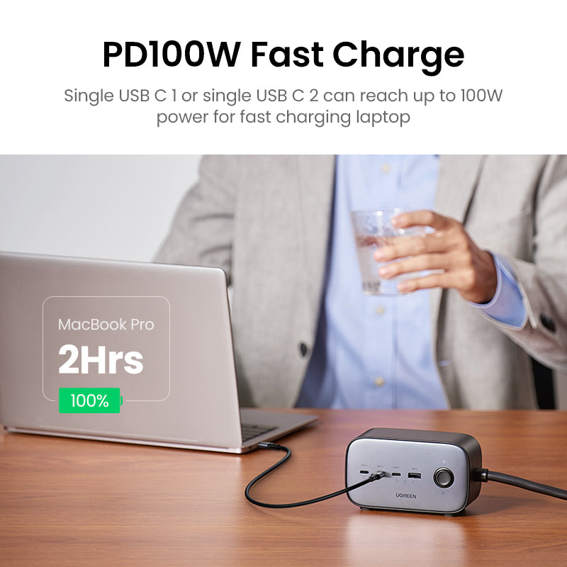 UGREEN 60168 100W GaN Power Socket, 1.8M Cable DigiNest Pro USB C Charging Station, 6-in-1 Power Strip with 2 AC Outlets, 4 USB Ports, Extension Cord Outlet Extender