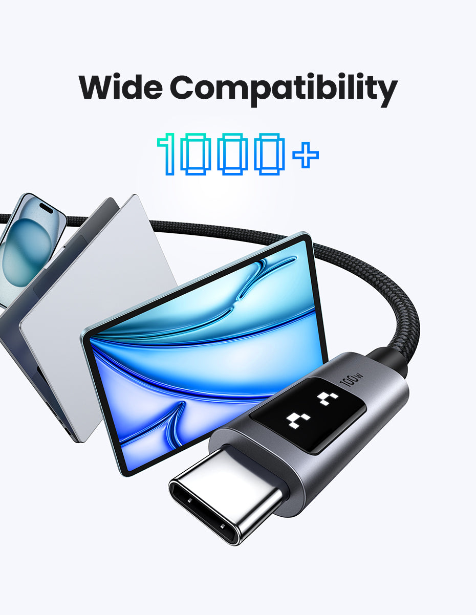 UGREEN Uno 100W USB C to USB C Cable, Fast Charging Type C Cord with LED Display, USB2.0 480Mbps Data Transfer for iPhone 16 Pro Max, MacBook Pro, iPad Pro, Galaxy S24, Pixel, Chromebook, Dell