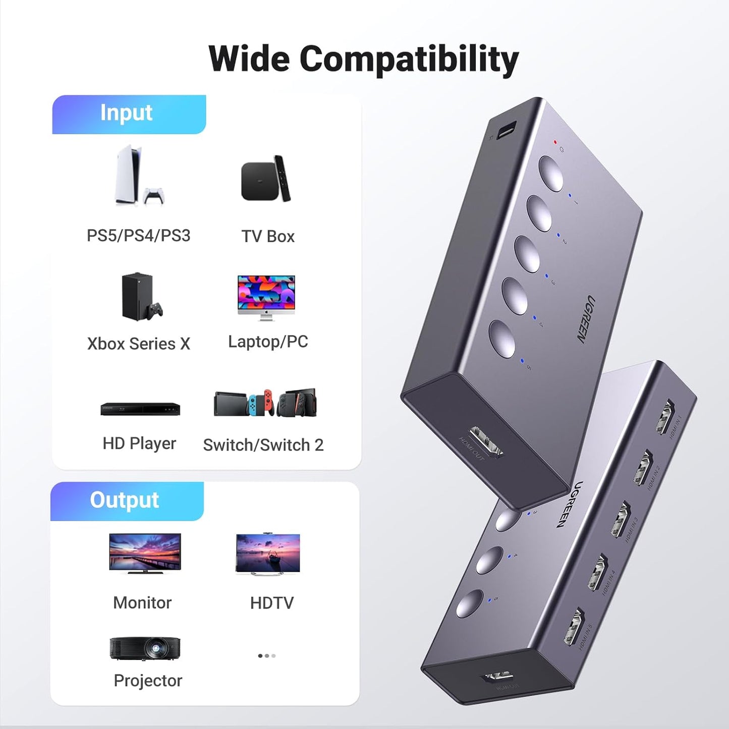 UGREEN HDMI Switch 5 in 1 Out 4K60Hz, HDMI Splitter with Remote 5 Port Switcher Selector Box Support 3D CEC HDR HDCP2.2 Compatible with PS5/4/3 Xbox Nintendo Switch Roku TV Fire Stick