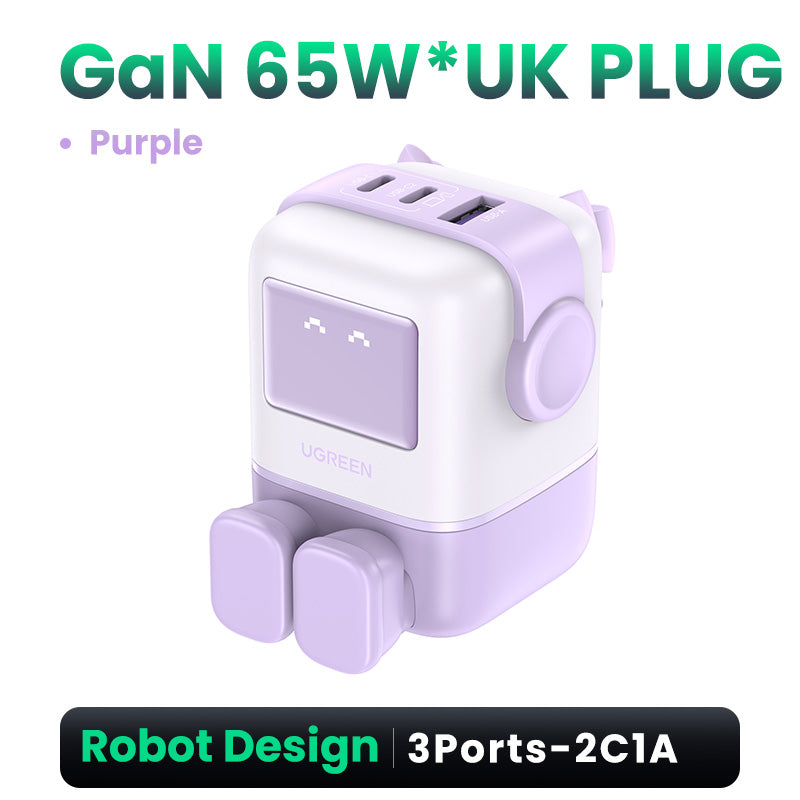 UGREEN Uno Charger 65W RobotGaN Charger 2 USB C 1 USB A Wall Charger GaN Charger for MacBook Pro/Air, Dell XPS, iPad Mini/Pro iPhone 16 15 Pro Max iPhone 16 15 Plus Samng Galaxy S24 Ultra Z Fold5 M14 Z Flip5 A35 A55, Pixel, and More