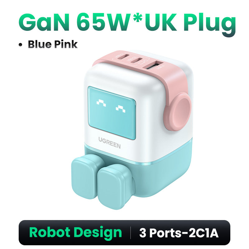UGREEN Uno Charger 65W RobotGaN Charger 2 USB C 1 USB A Wall Charger GaN Charger for MacBook Pro/Air, Dell XPS, iPad Mini/Pro iPhone 16 15 Pro Max iPhone 16 15 Plus Samng Galaxy S24 Ultra Z Fold5 M14 Z Flip5 A35 A55, Pixel, and More