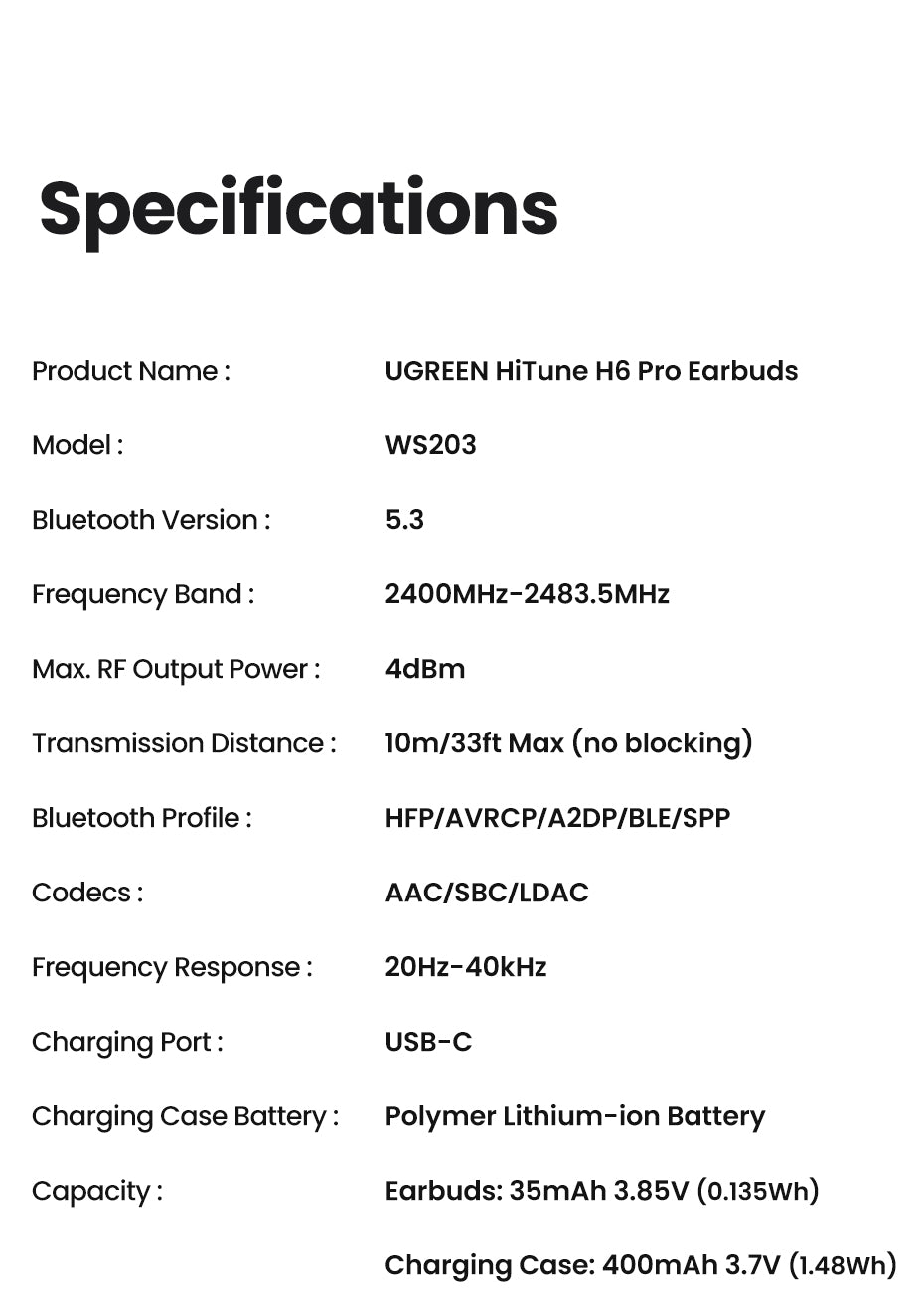 UGREEN HiTune H6 Pro TWS Earphones Wireless Headphones Bluetooth 5.3 Earbuds Double Mic Call Noise Reduction In-Ear Handfree Earbuds