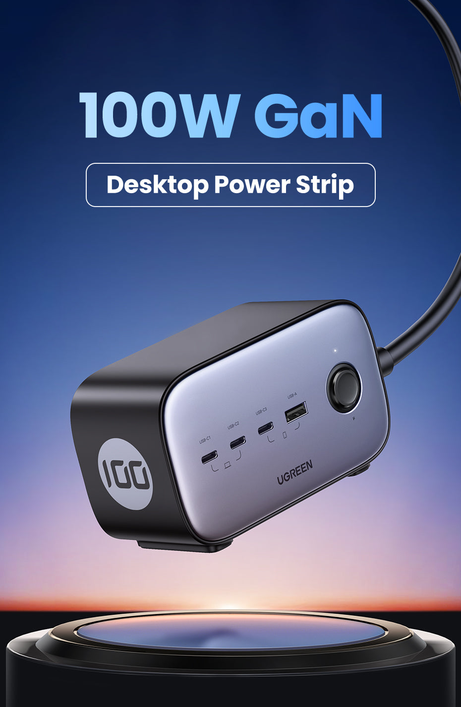 UGREEN 60168 100W GaN Power Socket, 1.8M Cable DigiNest Pro USB C Charging Station, 6-in-1 Power Strip with 2 AC Outlets, 4 USB Ports, Extension Cord Outlet Extender