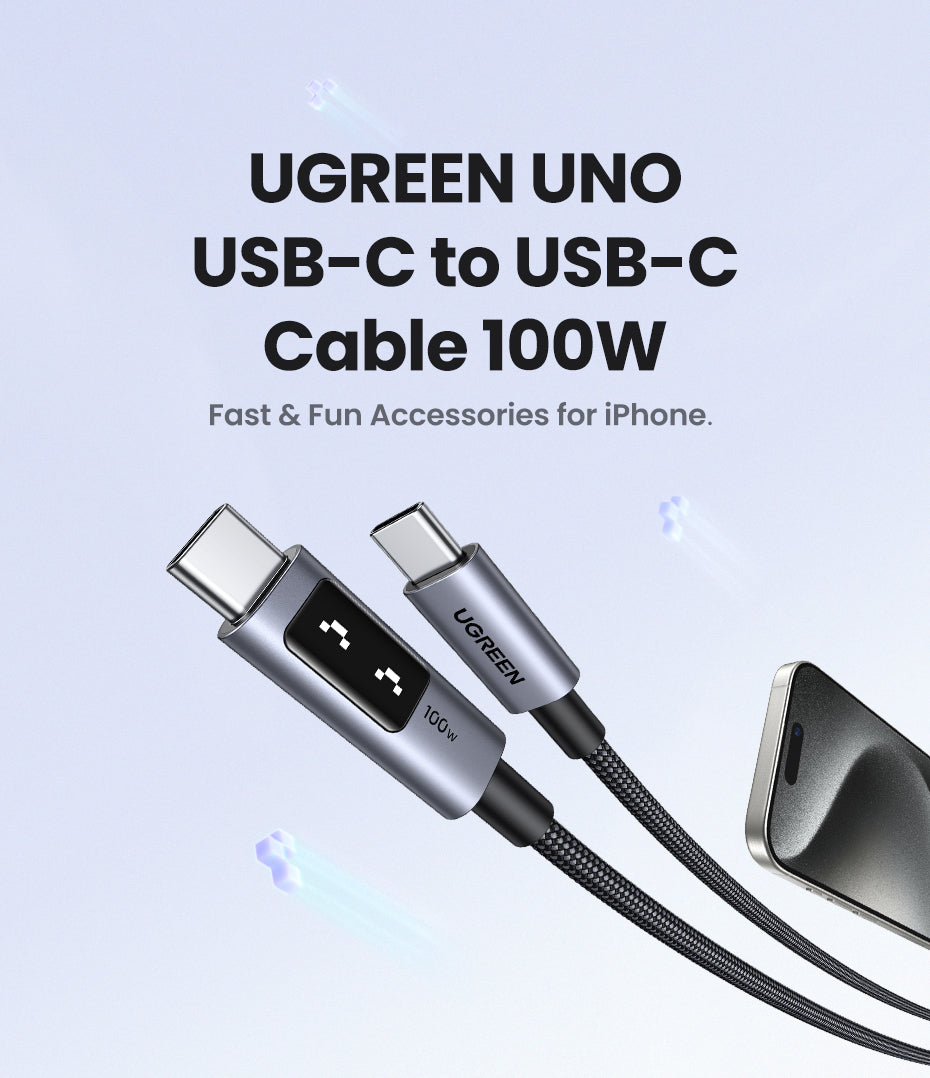 UGREEN Uno 100W USB C to USB C Cable, Fast Charging Type C Cord with LED Display, USB2.0 480Mbps Data Transfer for iPhone 16 Pro Max, MacBook Pro, iPad Pro, Galaxy S24, Pixel, Chromebook, Dell