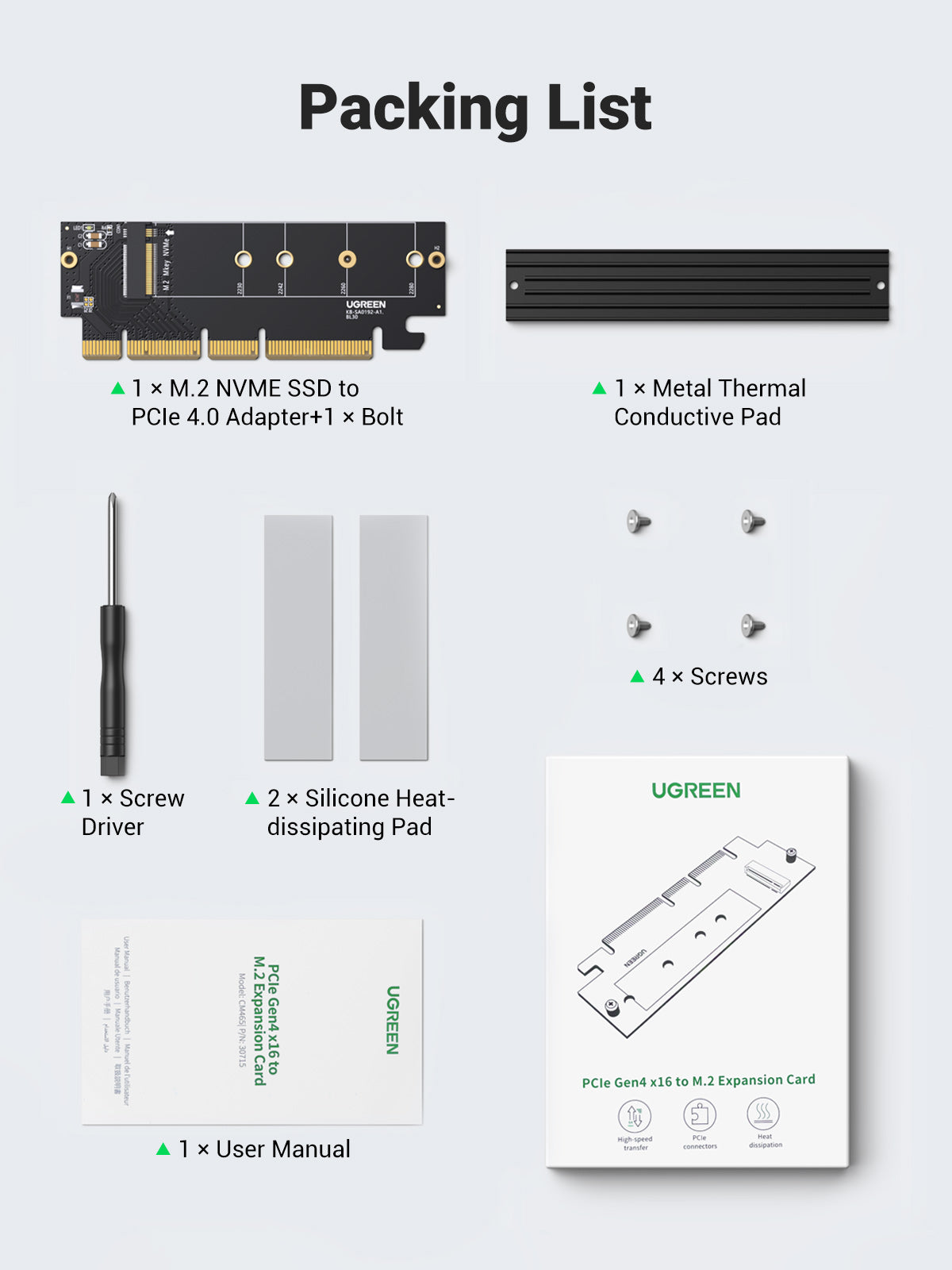 UGREEN 30715 NVMe PCIe Adapter, M.2 SSD to PCIe 4.0 X16/X8/X4 Card with Heat Sink, M.2 PCIe Adapter