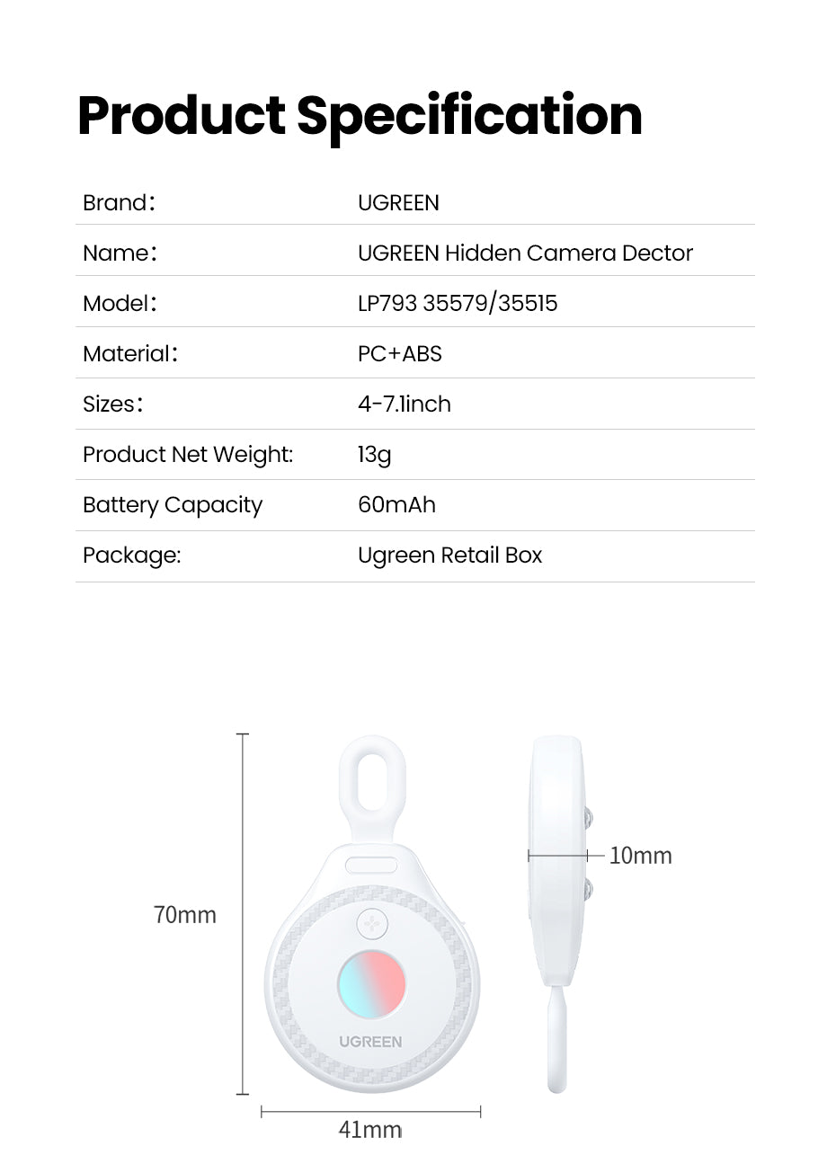 UGREEN Mini Anti-Peeping Camera Detector Hidden Camera Durable and long-lasting Portable Pinhole Hidden Lens Detect Gadget Effective hidden lens detection With USB Cable For Travel Hotel Locker Room Toilet