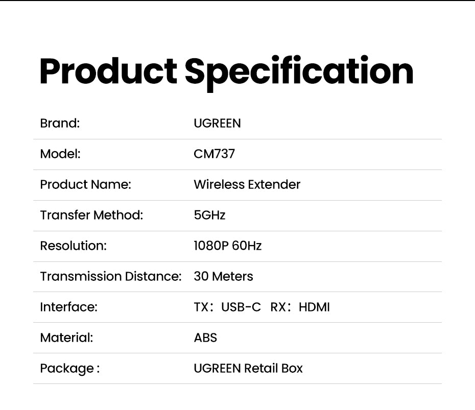 UGREEN 35031A 5G Wireless 1080P HDMI Extender 30 Meters Long Distance Transmission Video Transmitter & Receiver Kit 5G Transmits Point to Point Connection Model: 35031A