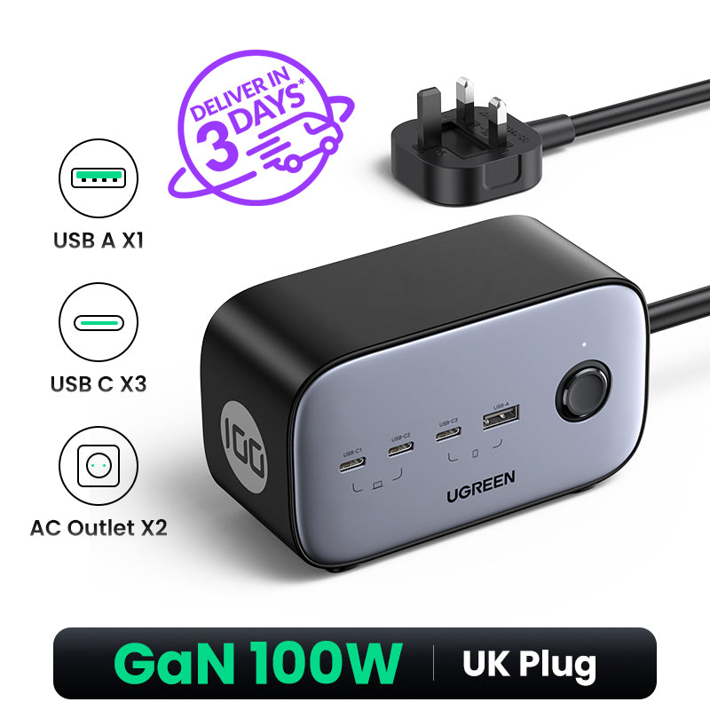UGREEN 60168 100W GaN Power Socket, 1.8M Cable DigiNest Pro USB C Charging Station, 6-in-1 Power Strip with 2 AC Outlets, 4 USB Ports, Extension Cord Outlet Extender