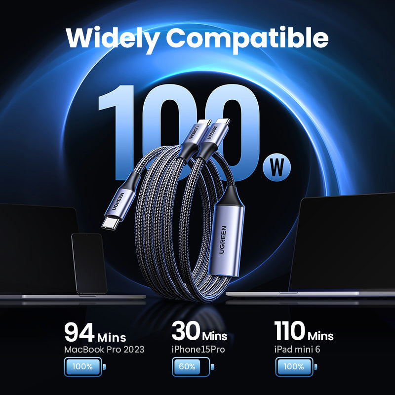 UGREEN 1.5M 100W Type C 2-in-1 Fast Charging Cable E-Marker for iPhone 15 Series Samsung S24 S23 Ultra iPad Pro Macbook Switch