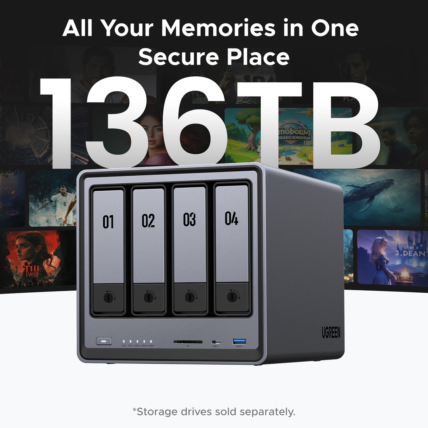 UGREEN NASync DXP4800 4-Bay Desktop NAS, Intel N100 Quad-core CPU, 8GB DDR5 RAM, 32G eMMC, 2 * 2.5GbE, 2 * M.2 NVMe Slots, 4K HDMI, Network Attached Storage (Diskless)