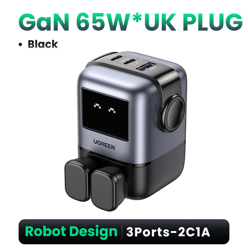 UGREEN Uno Charger 65W RobotGaN Charger 2 USB C 1 USB A Wall Charger GaN Charger for MacBook Pro/Air, Dell XPS, iPad Mini/Pro iPhone 16 15 Pro Max iPhone 16 15 Plus Samng Galaxy S24 Ultra Z Fold5 M14 Z Flip5 A35 A55, Pixel, and More