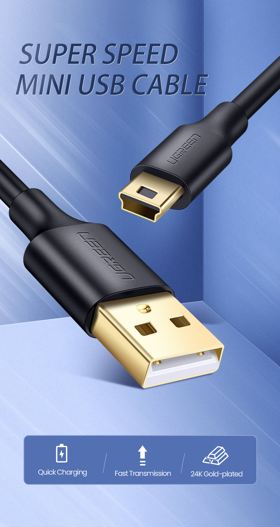 UGREEN USB 2.0 A Male to 5-Pin Mini B Fast Data Charger Cable for MP3 MP4 Players Tablets GPS Digital Camera HDD Dash Cam