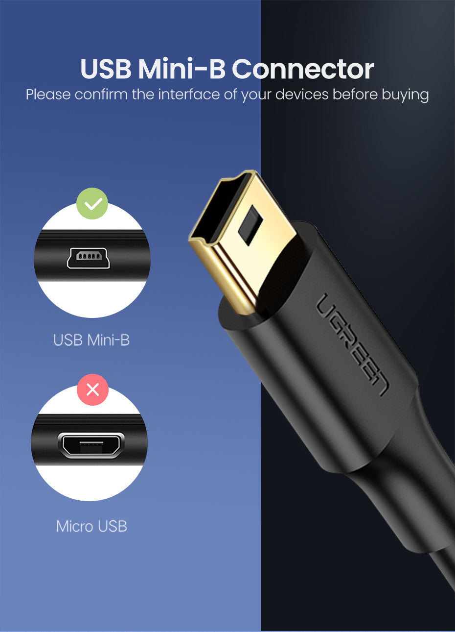 UGREEN USB 2.0 A Male to 5-Pin Mini B Fast Data Charger Cable for MP3 MP4 Players Tablets GPS Digital Camera HDD Dash Cam