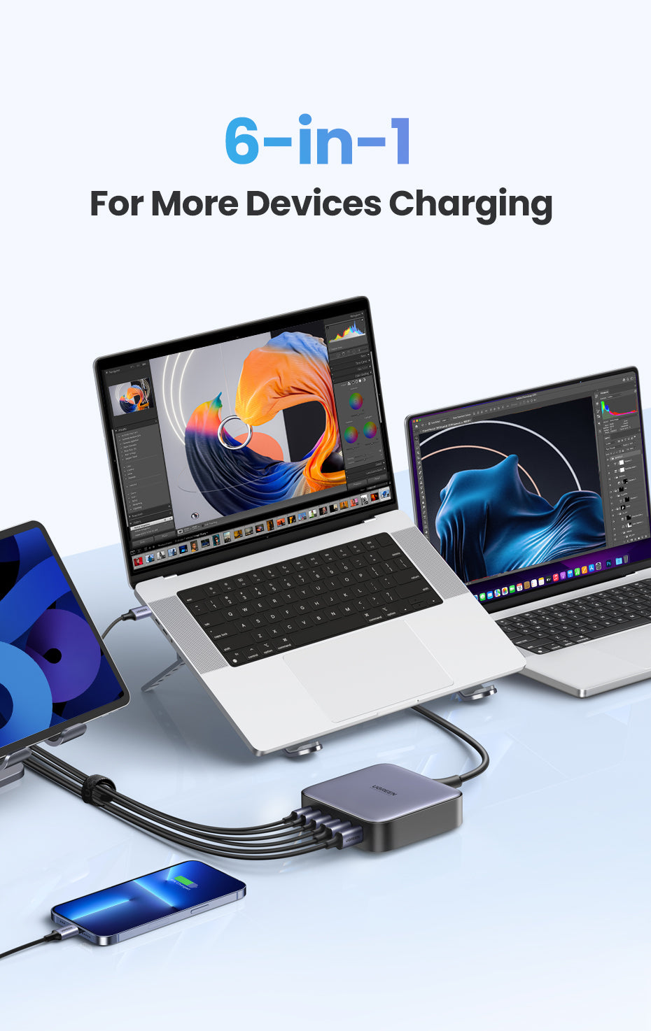 UGREEN  200W GaN 6-Port Fast Charger 4C2A 4Type-C 2USB-A Charger for Laptop Power Adapter