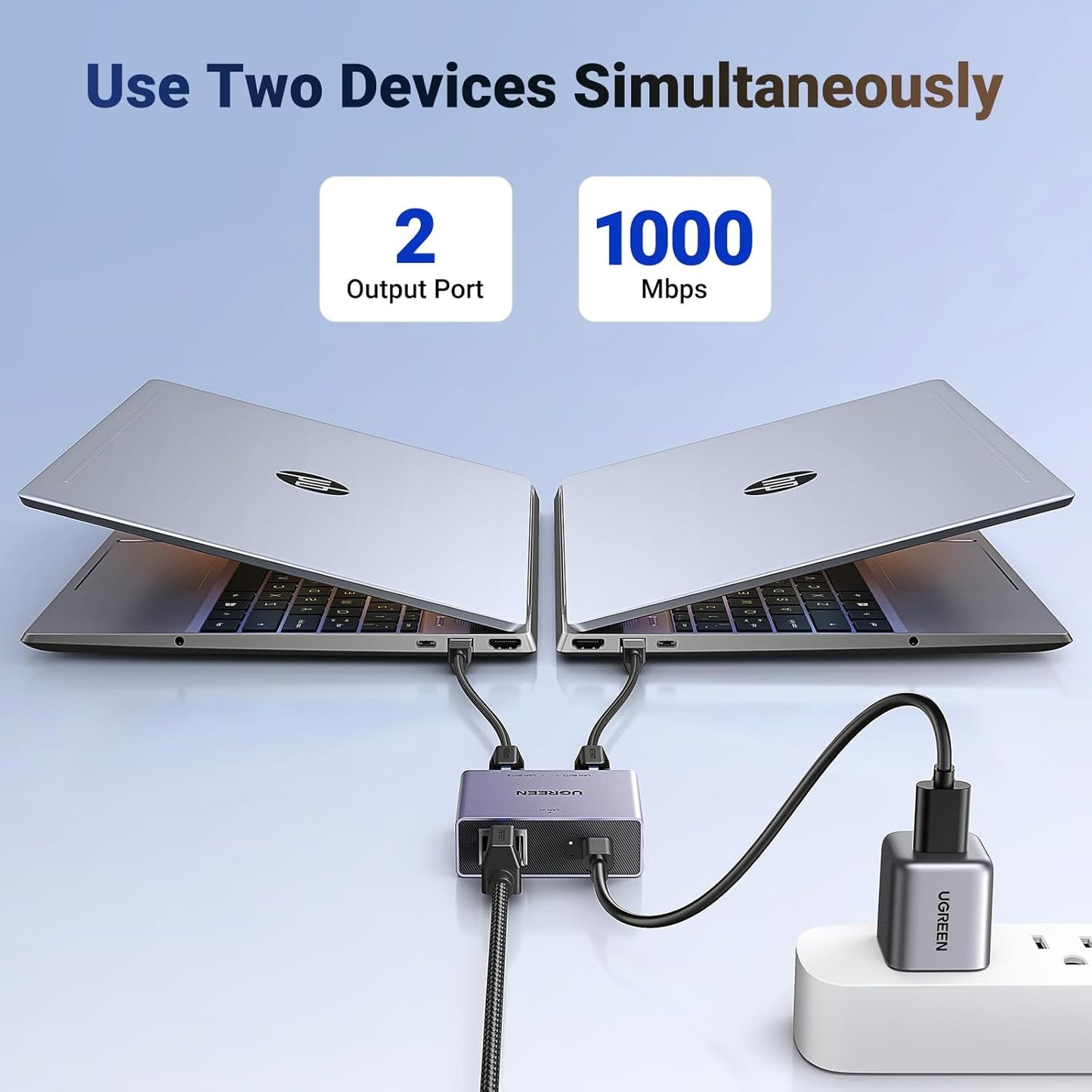 UGREEN 1000Mbps Gigabit Ethernet Splitter 1 to 2 Ports with USB Power Cable, High-Speed Internet Splitter for PC/Laptop/PS5/Xbox/Tv, 3FT Connector, Plug and Play