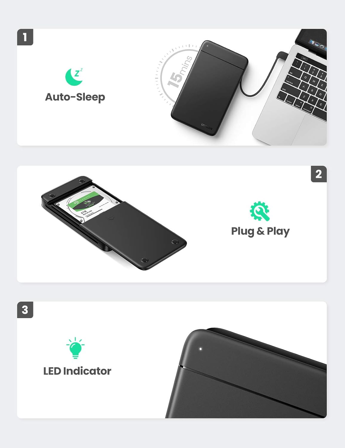 UGREEN 2.5 Inch Hard Drive Enclosure, External 2.5 SATA SSD HDD Hard Drive Caddy, UASP, 14TB Max, 5Gbps Hard Disk Reader, Built-in USB 3.0 Cable, Compatible with Laptop PC Xbox PS4 EVO Crucial WD