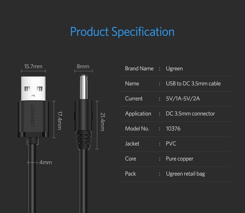 UGREEN 1M USB to DC 3.5mm Power Cable USB A Male to 3.5 Jack Connector 5V Power Supply Charger Adapter for HUB USB Fan Power Cable-1M