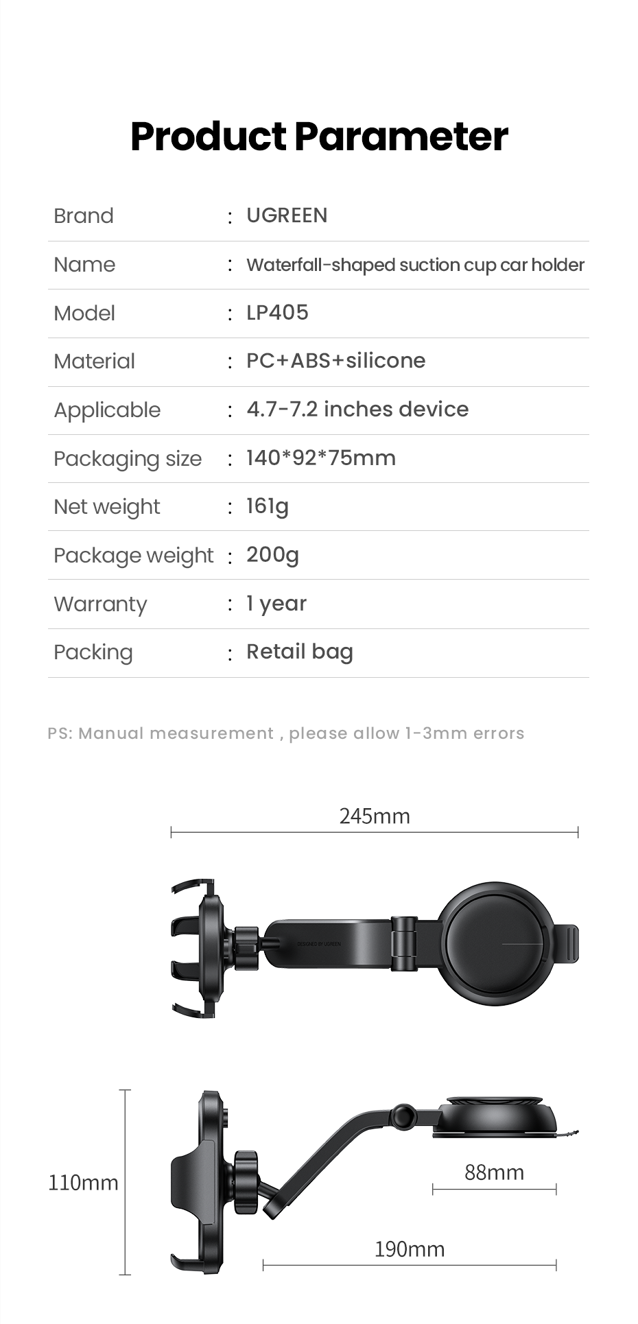 UGREEN Phone Holder for Car Windscreen Mobile Dashboard Mount Gravity Suction Cup Sticky Cradle Long Arm Clamp for iPhone , Samsung Galaxy S22 ,Huawei , Xiaomi, Oneplus