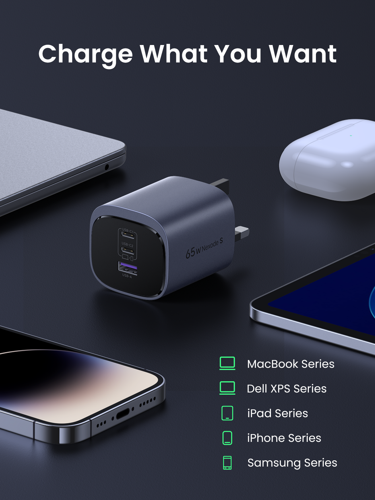 UGREEN 65W USB-C Foldable GaN Charger, 3-Port PD 3.0 Fast Charging Adapter for MacBook Pro, Dell XPS, iPhone 16 Pro Max, iPad Air/Pro, Galaxy S24 Ultra, Steam Deck, Switch, Foldable & Compact Travel Charger with Smart Power Distribution Safety Protection