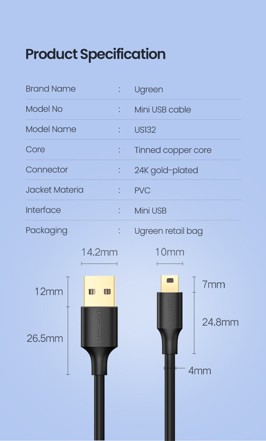 UGREEN USB 2.0 A Male to 5-Pin Mini B Fast Data Charger Cable for MP3 MP4 Players Tablets GPS Digital Camera HDD Dash Cam