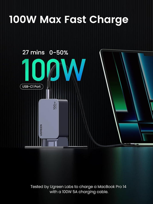 UGREEN 25875 Nexode Pro 100W USB C Charger, 3-Port GaN Compact Fast PD Wall Charger(FOC 100W USB C Cable)