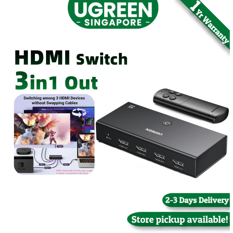 UGREEN HDMI Switch in Out 4K 60Hz HDMI Switcher 3x1 with Remote Support  3D HDR Dolby Atmos Compatible with PS5 PS4 Xbox Nintendo Switch