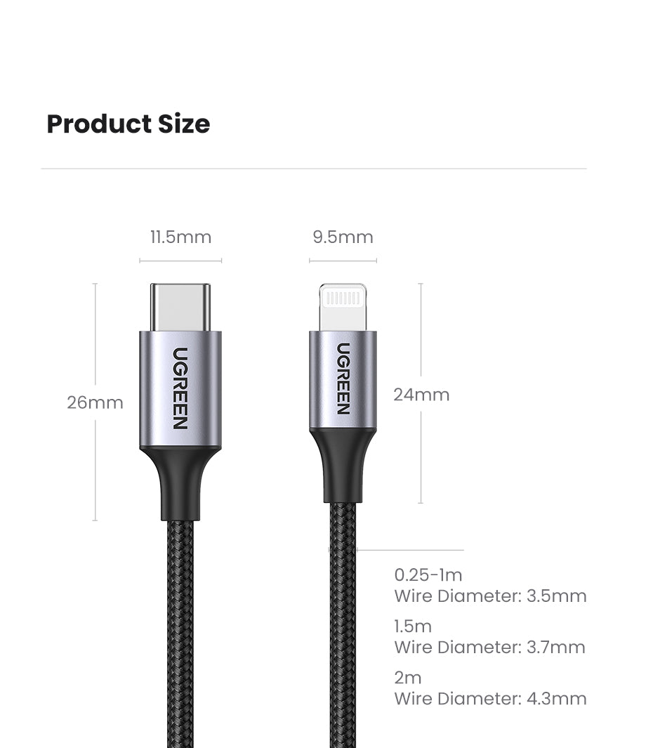 UGREEN MFI PD 20W Charger USB C Type-C to Lightning Cable Nylon Braided Fast Charger Data Sync