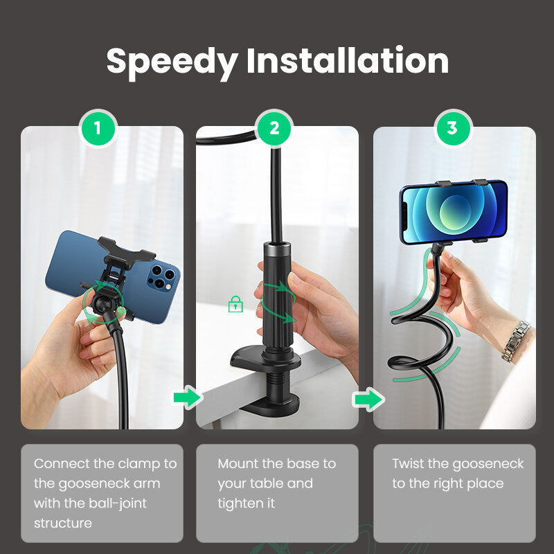 UGREEN 80906 Mobile Phone Holder for OPPO, VIVO, SAMSUNG, Realme, Huawei, Xiaomi, Redmi Arm Lazy Mobile Phone Goosneck Stand Holder for iPhone Flexible Bed Desk Table Clip Bracket for Smartphone