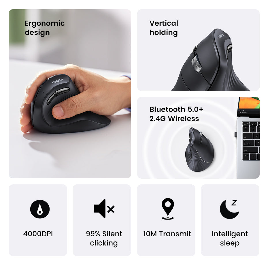 UGREEN Vertical Ergonomic Mouse, Bluetooth & 2.4G, Quiet clicks, 5 Buttons, 4000 DPI Wireless Mouse 4 Adjustable DPI, Silent Mouse for Laptop, Mac, Chromebook, PC, Windows, Black